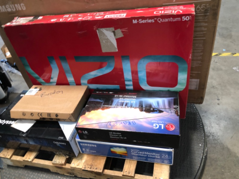 Photo 2 of Nonrefundable -sold as -Pallet of 7 broken, nonfunctional , damaged Tv's and monitors, different sizes and models . 
27" /2 tvs are 24" /2 tvs are 50" / 65" 