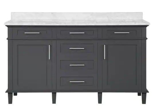 Photo 1 of (DAMAGED LOWER CORNER; CRACKED COSMETIC CORNER)
Home Decorators Collection Sonoma 60 in. W x 22 in. D x 34 in H Bath Vanity in Dark Charcoal with White Carrara Marble Top