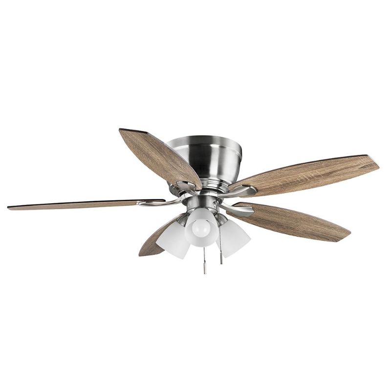 Photo 1 of (PARTS ONLY: missing blades/bulbs; DENTED SHADE/METAL BASE)
Hampton Bay Sidlow 52 in. Indoor LED Brushed Nickel Hugger Dry Rated Ceiling Fan with 5 QuickInstall Reversible Blades and Light Kit
