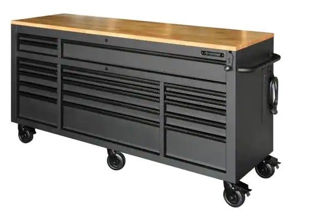 Photo 1 of (MINOR DENTS TO BOTTOM/BACK; BENT LOWER CORNER; COSMETIC DAMAGED BACK EDGE)
Husky 72 in. W x 24 in. D Heavy Duty 18-Drawer Mobile Workbench Tool Chest with Adjustable-Height Hardwood Top in Matte Black