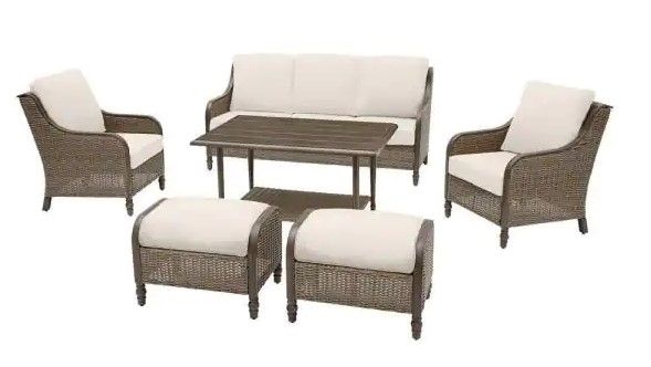 Photo 1 of (COSMETIC/WICKER DAMAGES)
Hampton Bay Windsor 6-Piece Brown Wicker Outdoor Patio Conversation Seating Set with CushionGuard Biscuit Tan Cushions