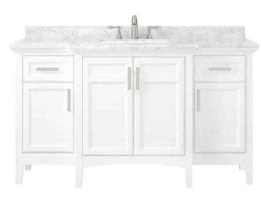 Photo 1 of Home Decorators Collection Sassy 60 in. Vanity in White with Marble Vanity Top in Carrara White-faucet is not included 