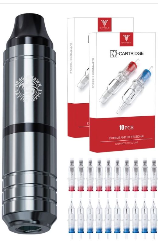Photo 1 of Dragonhawk Atom Mg3 Rotary Wireless Tattoo Pen Machine Kit 1,300 mAh Capacity Battery Extereme Tattoo Cartridges Needles 10 Color Inks Disposable Grips 500DC