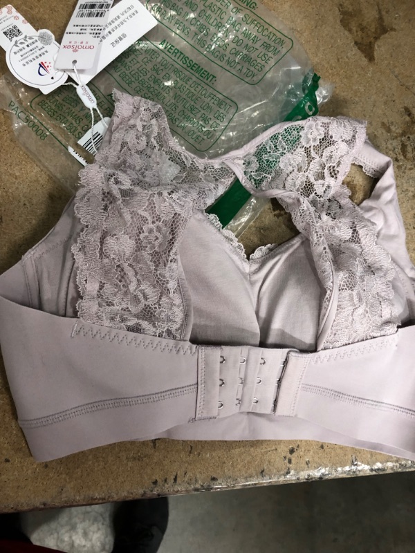 Photo 2 of amarsex Women's Wireless Lace Bra Full Coverage Plunge V Neck Bralette, Size L, Light Lavender