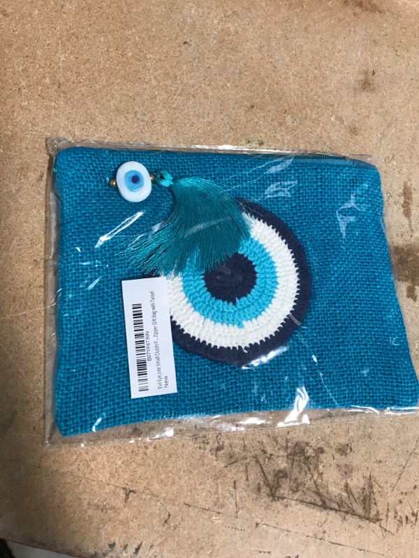 Photo 1 of Evil Eye Jute Small Clutch/Pouch Bag Turquoise Beach Bag Zipper Gift Bag with Tassel
