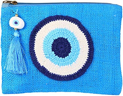 Photo 1 of Evil Eye Jute Small Clutch/Pouch Bag Turquoise Beach Bag Zipper Gift Bag with Tassel
