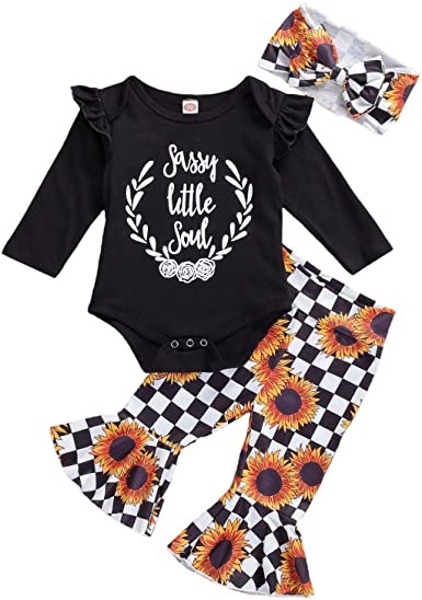 Photo 1 of Baby Girl Fall Winter Outfit Set Long Sleeve Romper Sunflower Bell-Bottom Pants Headband 3PCS Infant Girl Clothes Set, (Size 6-12 Months Old Baby)