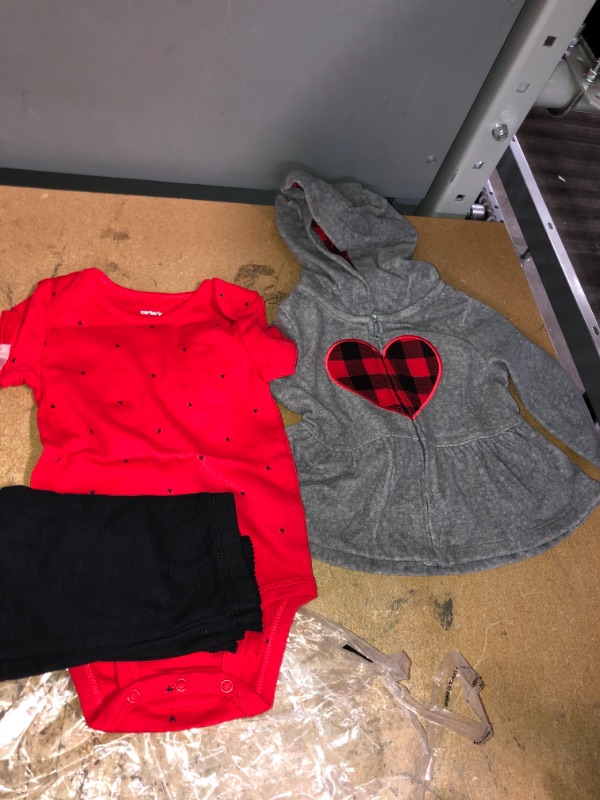 Photo 2 of Carter's Girls' Infant Bodysuits Grey - Gray & Red Buffalo Check Heart Zip-up Peplum Hoodie Set - Infant, Size 9 Months Old 