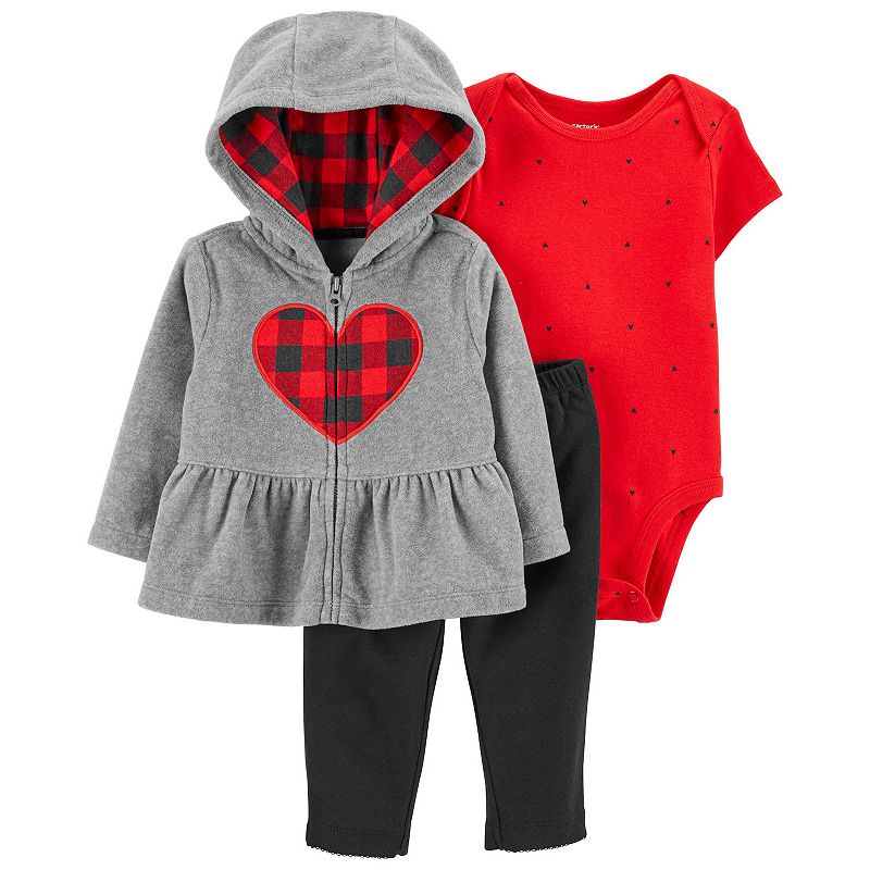 Photo 1 of Carter's Girls' Infant Bodysuits Grey - Gray & Red Buffalo Check Heart Zip-up Peplum Hoodie Set - Infant, Size 9 Months Old 