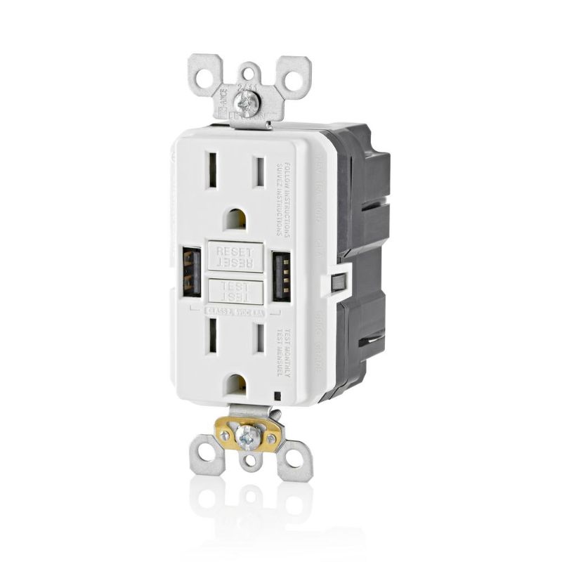 Photo 1 of 15 Amp Smartlock Pro Self-Test GFCI Combination 24-Watt (4.8 Amp) Type A USB In-Wall Charger Duplex Outlet, White
