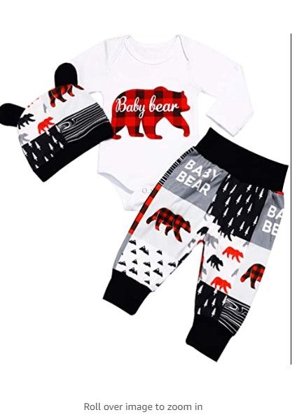 Photo 1 of Baby Boy/Girl Clothes Outfits Baby Bear Letter Print Romper Long Pants Hat 3PCS Fall Winter Set 6/9 MONTHS
