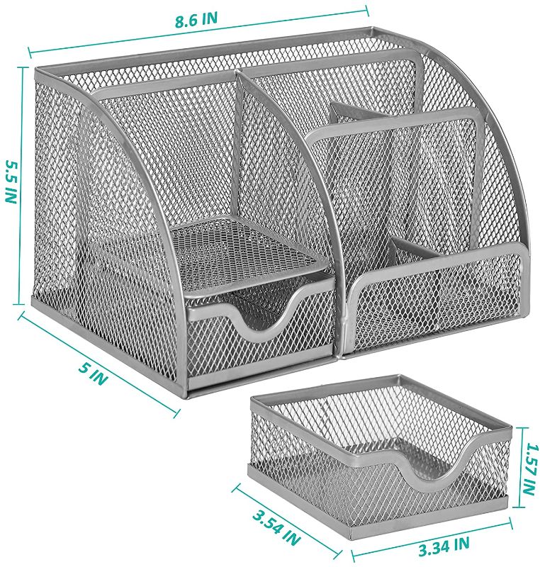 Photo 1 of Coavas Desk Organizer Desktop Office Supplies Organizer With 6 Compartments , Space Saving Mesh Desk Organizer With Pencil Holder And Storage Box With Drawer for Desktop Accessories, silver
