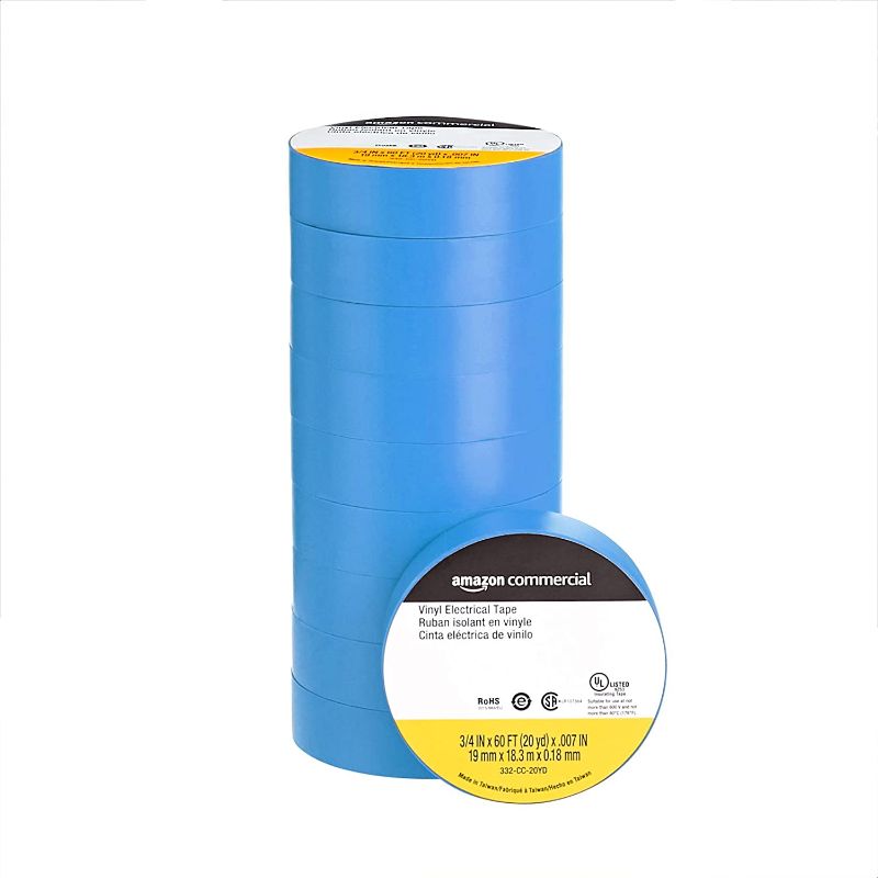 Photo 1 of AmazonCommercial Vinyl Electrical Tape, 3/4 in x 60 ft x 0.007in (19 mm x 18.3 m x 0.18mm), Blue, 10-Pack
