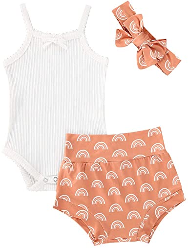 Photo 1 of 3Pcs Newborn Baby Girl Summer Shorts Outfit Sleeveless Bodysuit Romper+Ruffles Short Pants+Headband Clothes- 6-12m