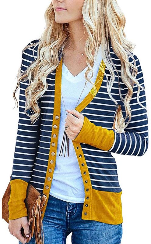 Photo 1 of Basic Faith Women's SIZE M V-Neck Button Down Knitwear Long Sleeve Soft Knit Casual Cardigan Sweater Stripe Mustard M
