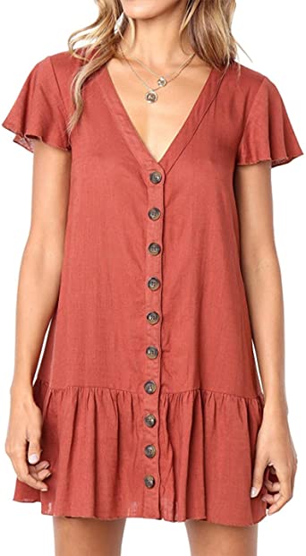 Photo 1 of CAIYING Women Summer Ruffles Short Sleeve Button Down Loose Dresses Casual V Neck Tunic T-Shirt Dress XL 
