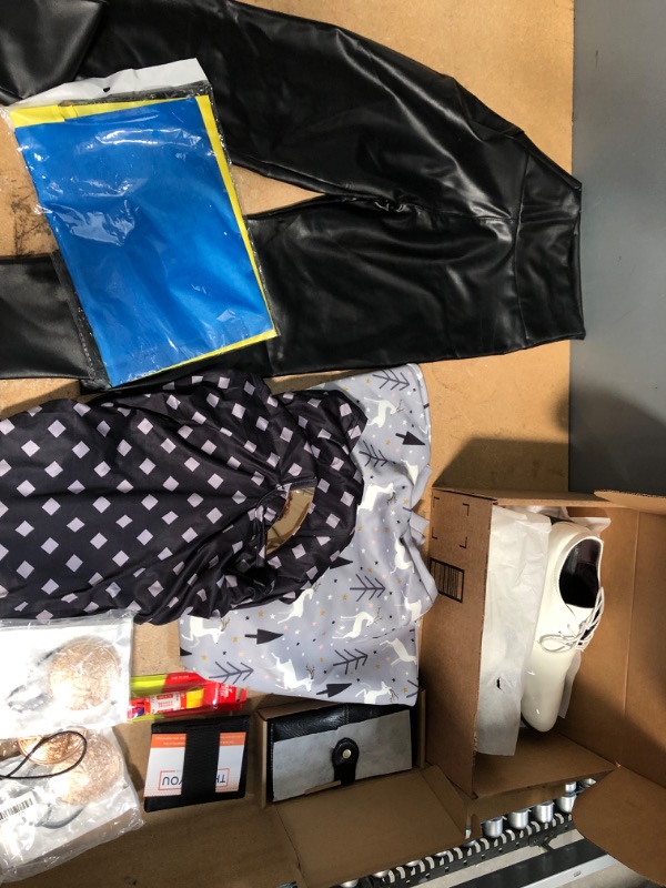 Photo 1 of **NON-REFUNDABLE** Clothing and Accessories, Womens Faux Leather Pants S, Halter Dress L, Grey Christmas Sweater L, Mens White Dress Shoes 9, Wallets, Shoe Laces and Hair Accessories 
