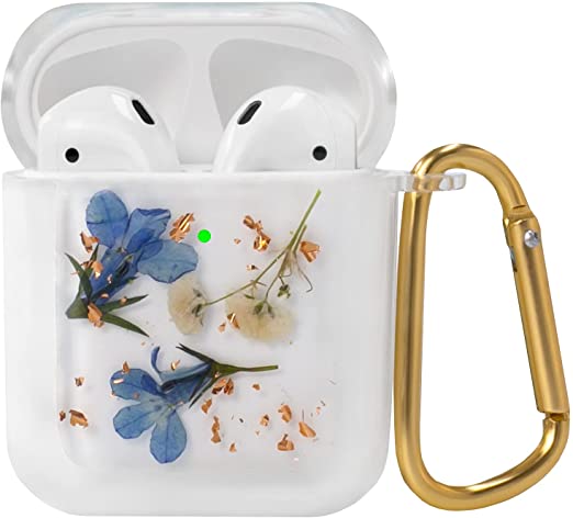 Photo 1 of Tewlfu AirPods Case Soft TPU Key Chain for Apple AirPods 1 and 2 Case Wireless Charging Cable Natural Flower Transparent Front LED Visible red for Both Men and Women
