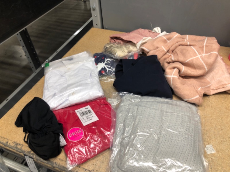 Photo 1 of BUNDLE OF ASSORTED CLOTHING- VARIOUS SIZES- SWEATER, SHIRTS- SOLD AS IS, NO REFUNDS, NO RETURNS 