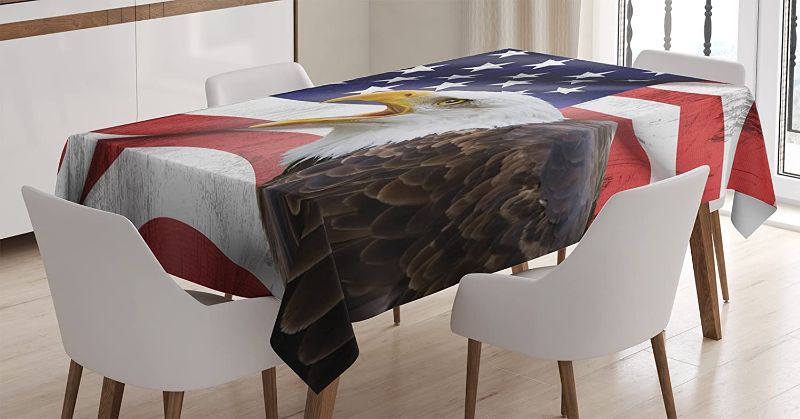 Photo 1 of Ambesonne American Flag Tablecloth, Eagle on Foreground Banner Pride History Solidarity Martial Identity, Rectangular Table Cover for Dining Room Kitchen Decor, 60" X 84", Red Blue
