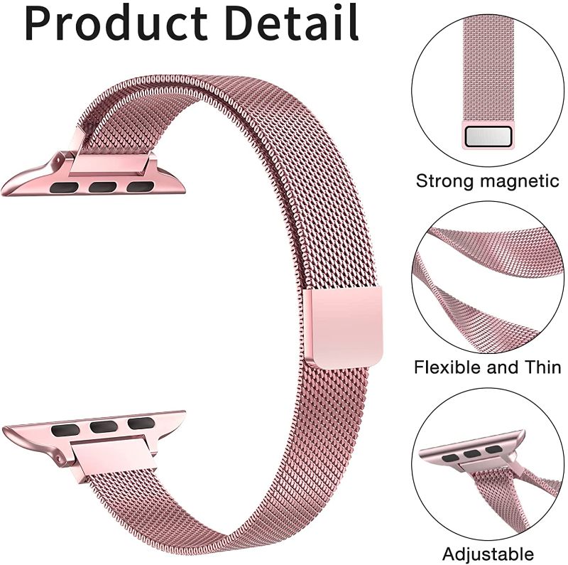 Photo 1 of 
CTYBB for Apple Watch Band Series SE 7 6 5 4 3 2 1 38mm 40mm 41mm 42mm 44mm 45mm, Stainless Steel Slim & Thin Mesh Magnetic Clasp Strap Women and Girl Replacement Band for iWatch (A-Rose Gold, 42mm/44mm/45mm) (2 PACK)
