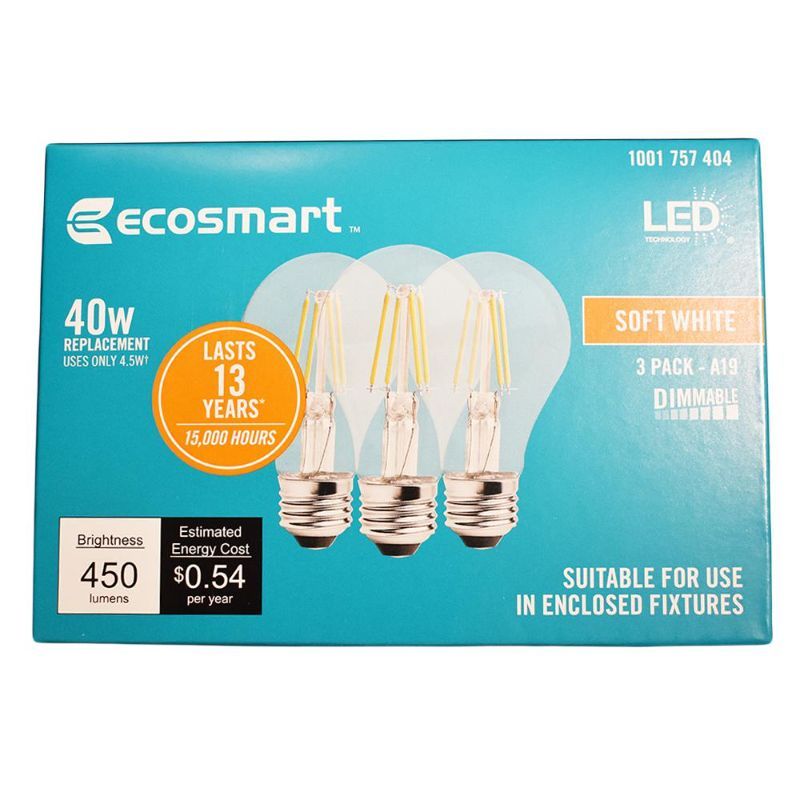 Photo 1 of 40-Watt Equivalent A19 General Purpose Dimmable Clear Glass Filament Vintage Style LED Light Bulb Soft White 2PACK
