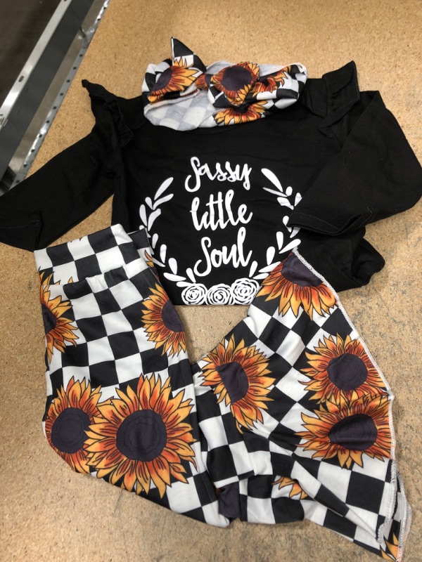 Photo 2 of  Toddler Baby Girls Sunflower Clothes Tops T-shirt Flared Pants Bell-bottoms Headband 3PCS Outfits Set   12 -18 M 