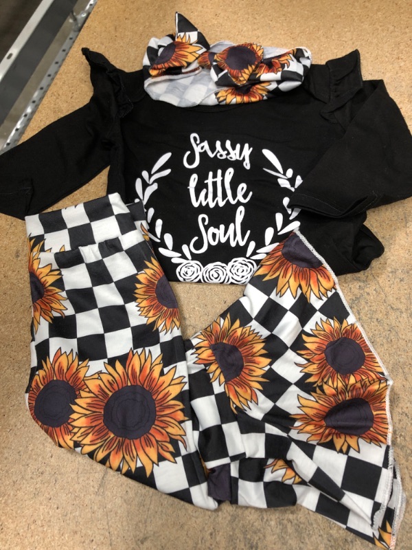 Photo 2 of  Toddler Baby Girls Sunflower Clothes Tops T-shirt Flared Pants Bell-bottoms Headband 3PCS Outfits Set   12 -18 M 