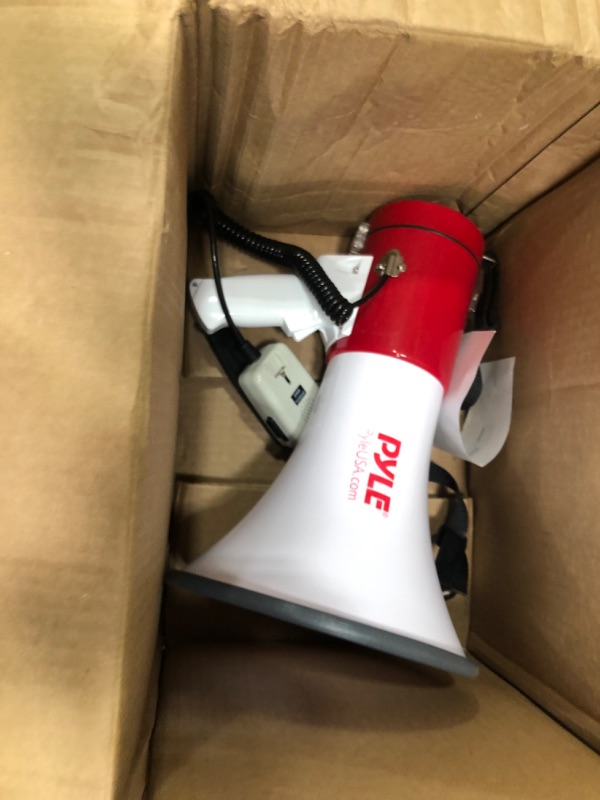 Photo 2 of Pyle Megaphone 50-Watt Siren Bullhorn - Bullhorn Speaker w/ Detachable Microphone, Portable Lightweight Strap & Rechargeable Battery - Professional Outdoor Voice for Police & Cheerleading - PMP57LIA
