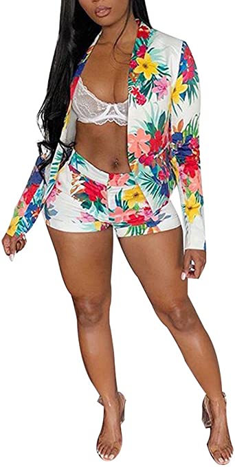 Photo 1 of Angsuttc Women's Floral Print Long Sleeve Open Front Blazer Jacket + Short Set 2 Piece Outfit size large 
