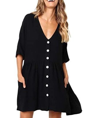 Photo 1 of Scioltoo Women's Loose V-Neck Half Sleeve Pleated Knee Elastic Waist Dress Black XL
