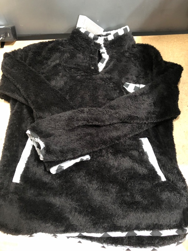 Photo 1 of Black Checkered Trim Fuzzy Hoodie  