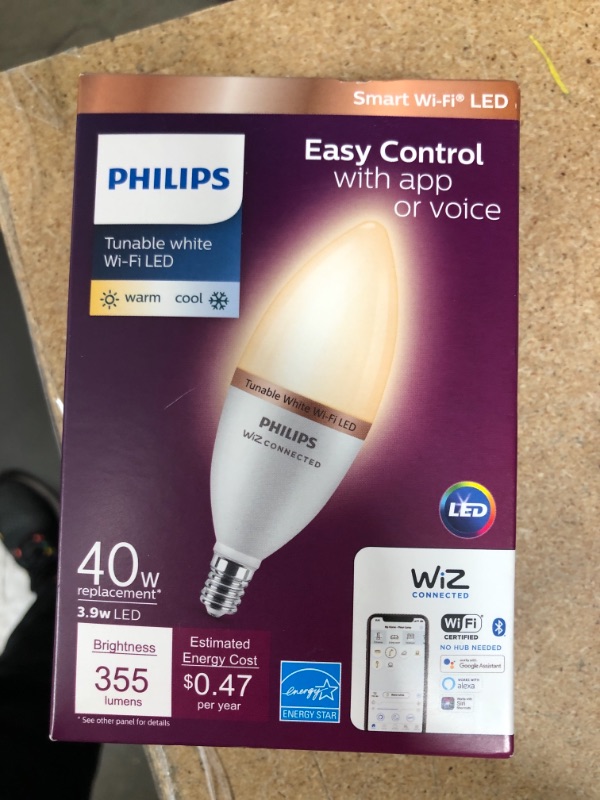 Photo 2 of Philips Tunable White B12 LED 40W Equivalent Dimmable Smart Wi-Fi Wiz Connected Wireless LED Light Bulb
