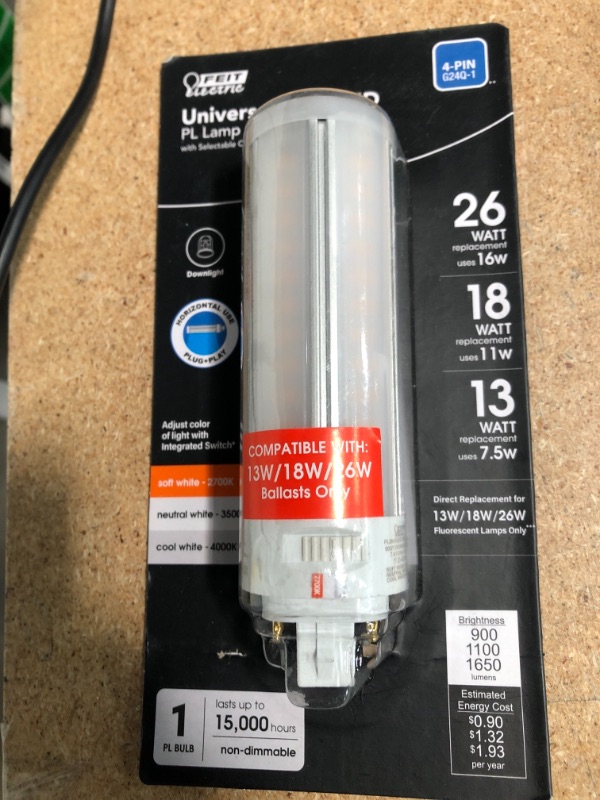 Photo 2 of Feit Electric 13-Watt/18-Watt/26-Watt Equivalent PL Horizontal 4-Pin Universal Color Select(2700K, 3500K, 4100K) LED Light Bulb
