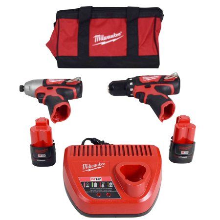 Photo 1 of Milwaukee M12 Lithium-Ion Cordless Power Tool Set 3/8Inch Drill and 1/4Inch Hex Impact Driver, 2 Batteries, Model 2494-22