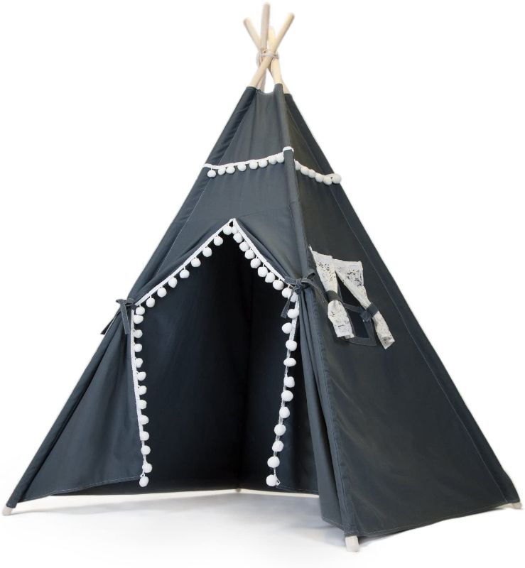 Photo 1 of JumpOff Jo Teepee Tent for Kids - Large Play Boho Tee Pee - Fort for Indoor Use - Charcoal Grey Cotton Canvas, Storage Bag
