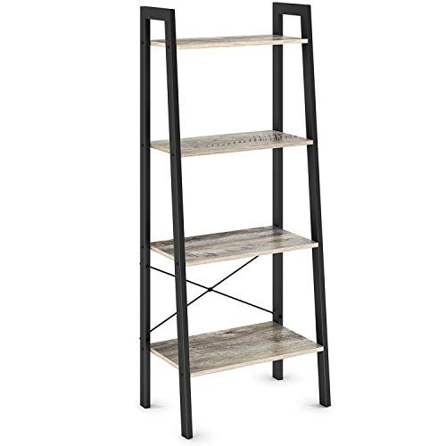 Photo 1 of **DAMAGED* MISSING PARTS** Ballucci Ladder Bookshelf, 4-Tier Bookcase, Storage Rack & Plant Stand, Wood with Black Steel Frame, Industrial Accent Furniture for Living Room, Offi
