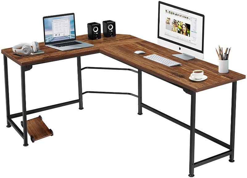 Photo 1 of VECELO Corner Computer Desk 66" with CPU Stand/PC Laptop Study Writing Table 68“ Workstation for Home Office Wood & Metal, Dark Walnut+Black Leg, Standard
