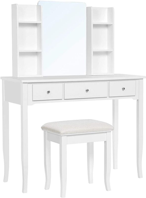 Photo 1 of **BROKEN AND MISSNG HARDWARE**
VASAGLE Vanity Set with Mirror, Open Shelves, Large Table Top, 3 Drawers, Cushioned Stool, 38.6 x 15.9 x 52.6 Inches, White
