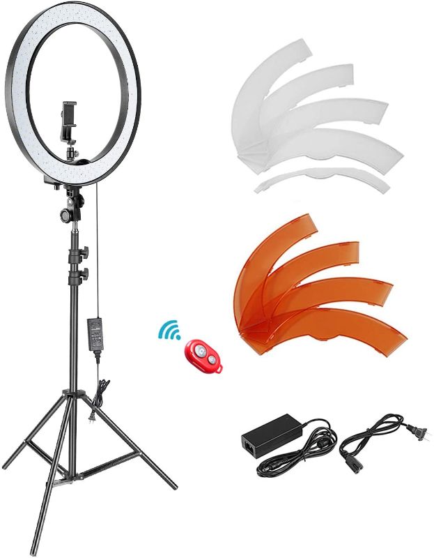 Photo 1 of Neewer Ring Light with Stand and Phone Holder Kit: 18-inch Outer 52W 5500K Dimmable LED Light Ring with White/Orange Filter for TikTok YouTube Video/Selfie/Makeup/Live Streaming (No Carry Bag)
