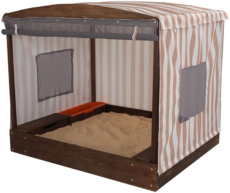 Photo 1 of HARDWARE LOOSE KidKraft Wooden and Canvas Outdoor Cabana Sandbox, Kids Backyard Furniture with Three Storage Bins, Beige & White Stripes, Gift for Ages 2-8
