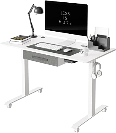 Photo 1 of FEZIBO Standing Desk with Drawer, Adjustable Height Electric Stand up Desk, 48 x 24 Inches Sit Stand Home Office Desk, Ergonomic Workstation White Steel Frame/White Tabletop