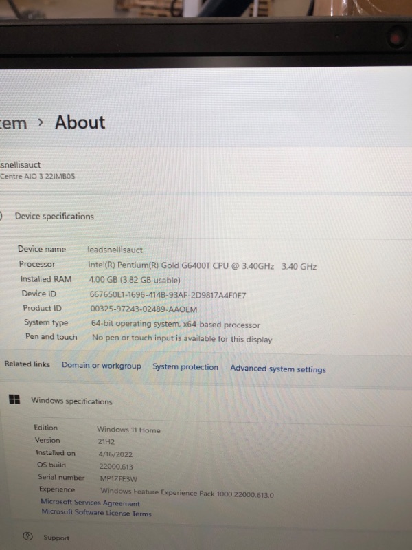 Photo 1 of Lenovo IdeaCentre 3 22IMB05 F0EV008FUS All-in-One Computer - Intel Pentium Gold G6400T Dual-core (2 Core) 3.40 GHz - 4 GB RAM DDR4 SDRAM - 1 TB HDD - 21.5" Full HD 1920 x 1080 - Desktop