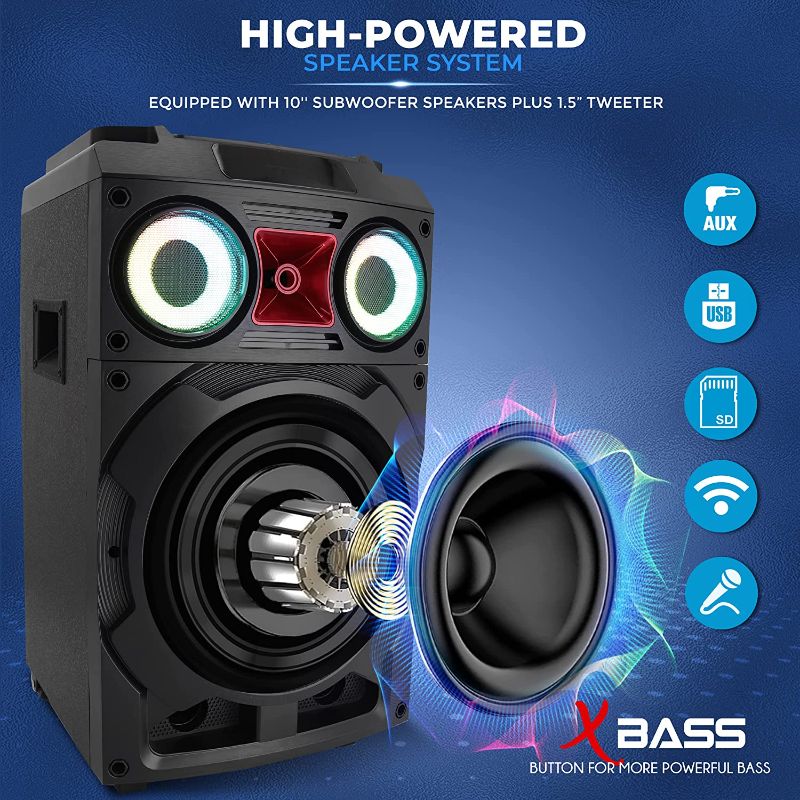 Photo 1 of ***MASTER VOLUME SWITCH IS NOT FUNCTIONAL*** Portable Bluetooth PA Speaker System - 800W 10” Rechargeable Speaker, TWS, Party Light, LED Display, FM/AUX/MP3/USB/SD, Wheels - Wireless Mic, Remote Control, Tablet Holder Included - Pyle PHP210DJT
