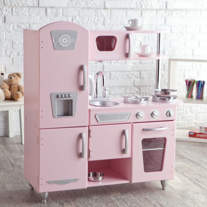 Photo 1 of **MISSING PARTS** KidKraft Pink Vintage Wooden Play Kitchen with Pretend Ice Maker and Play Phone
