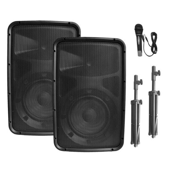 Photo 1 of Stage & Studio DJ Speaker & Mixer Bundle Kit - (2) 8’’ Bluetooth PA Loud-Speakers, 8-Ch. Audio Mixer, Speaker Stands, Wired Microphone (300 Watt)
