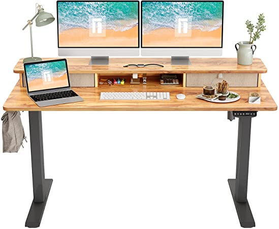 Photo 1 of PARTS ONLY 
FEZIBO Height Adjustable Electric Standing Desk with Double Drawer, 55 x 24 Inch Stand Up Table with Storage Shelf, Sit Stand Desk with Splice Board, Black Frame/Light Rustic Top