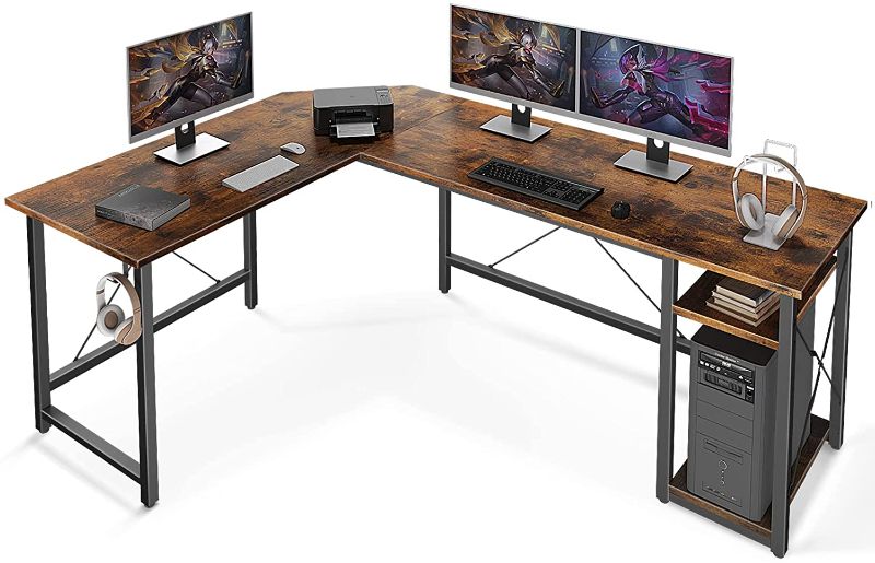 Photo 1 of  L Shaped Computer Desk 66" with Storage Shelves Gaming L Desk Workstation for Home Office Wood & Metal, Vintage
