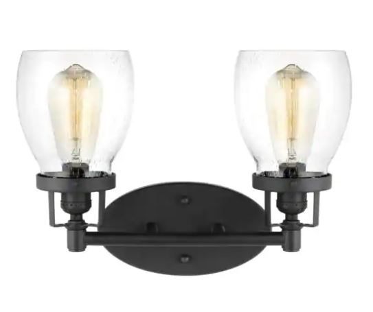 Photo 1 of 
Sea Gull Lighting
Belton 15 in. 2-Light Midnight Matte Black Bathroom Vanity Light Clear Seeded Glass Shades