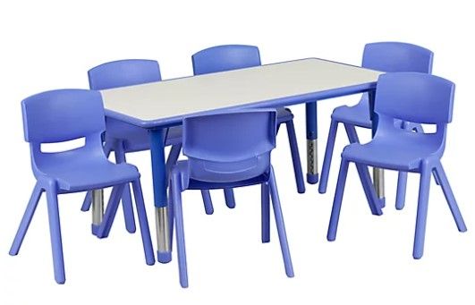 Photo 1 of Flash Furniture Rectangular Activity Table with 6 Stackable Chairs in Blue/Grey

